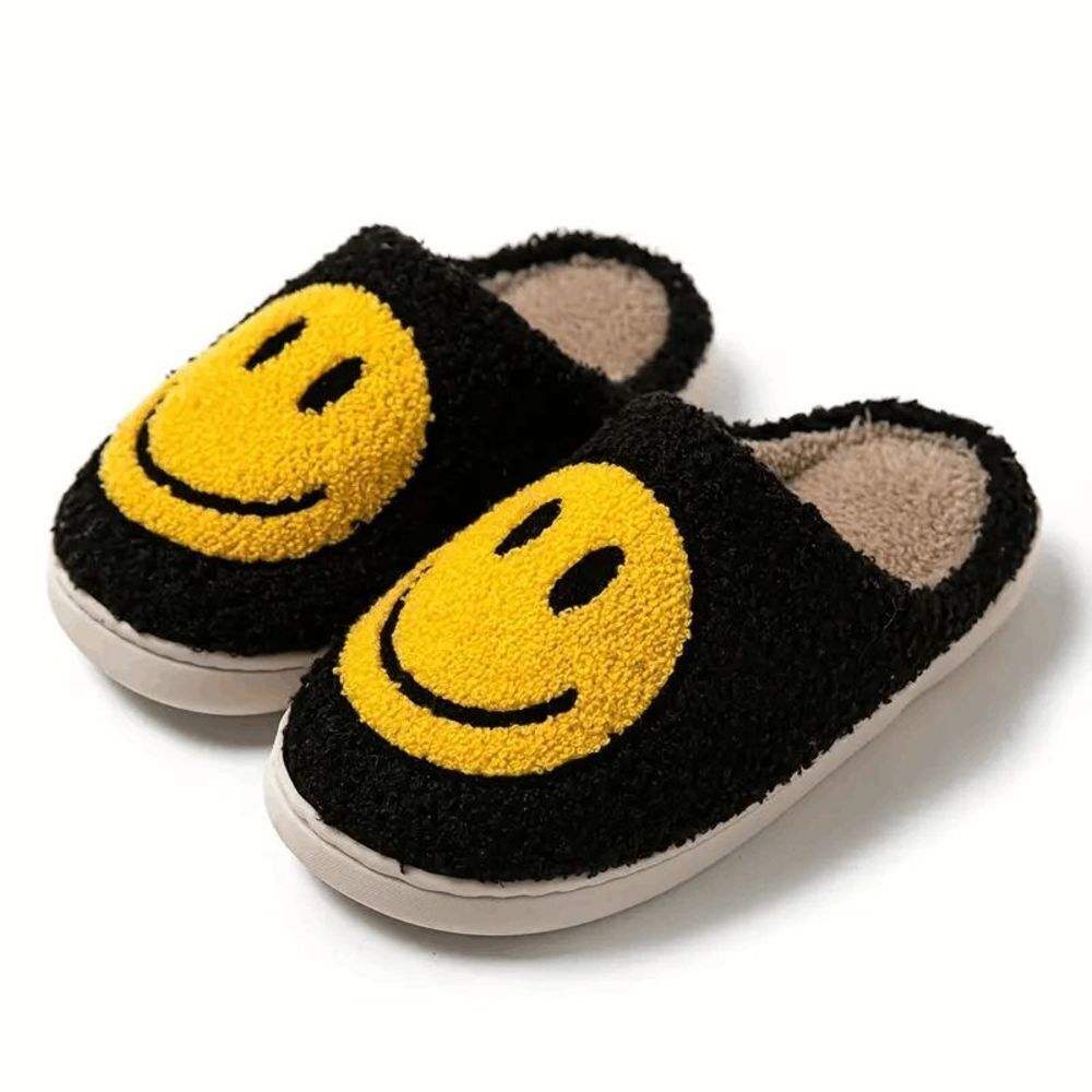 Black and Yellow Fuzzy Smiley Face Slippers Size 6.5/7